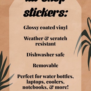 Puede incluir: Un gr&aacute;fico con un fondo beige y un arco blanco. El texto "all shop stickers" est&aacute; en negrita negra. El texto "Glossy coated vinyl", "Weather & scratch resistant", "Dishwasher safe", "Removable", "Perfect for water bottles, laptops, coolers, notebooks, & more!" est&aacute; en negro. El texto "@one.groovy.gal" y "@groovy_gab" est&aacute; en negro con iconos para Instagram y Twitter.