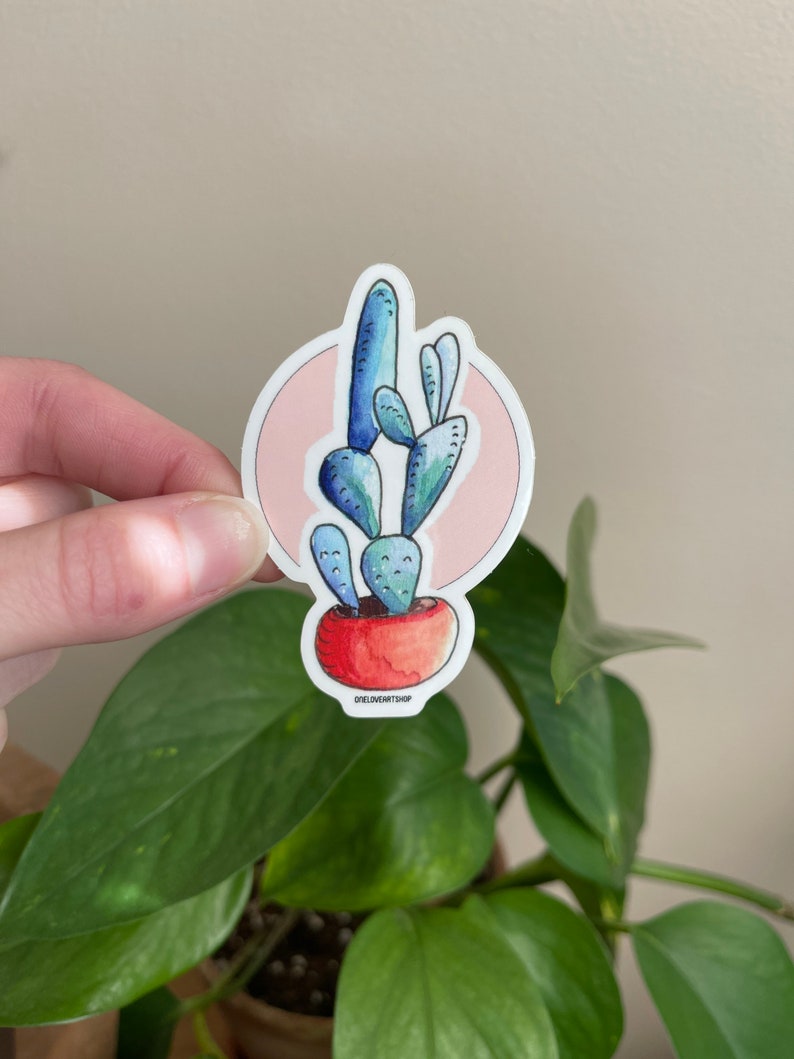 Puede incluir: Una planta de cactus azul y verde en una maceta roja con un fondo rosa. La pegatina tiene el texto "ofloverartshop" en la parte inferior.