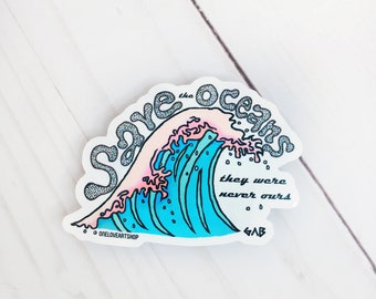 SAVE THE OCEANS Sticker, Ocean Sticker, Wave Sticker, Great Wave Sticker, Beach Sticker, Pink Sticker, Blue Art Sticker, Summer Sticker