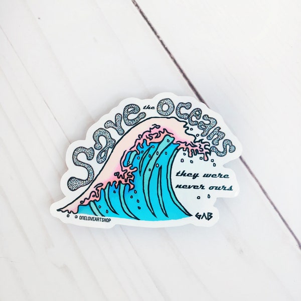 Pegatina "SALVA LOS OCÉANOS", pegatina del océano, pegatina de olas, pegatina de la gran ola, pegatina de playa, pegatina rosa, pegatina de arte azul, pegatina de verano