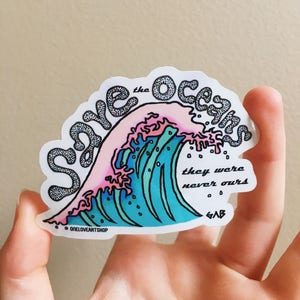SAVE THE OCEANS Sticker, Ocean Sticker, Wave Sticker, Great Wave Sticker, Beach Sticker, Pink Sticker, Blue Art Sticker, Summer Sticker image 2