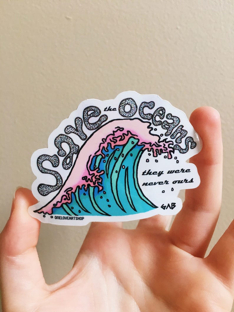 SAVE THE OCEANS Sticker, Ocean Sticker, Wave Sticker, Great Wave Sticker, Beach Sticker, Pink Sticker, Blue Art Sticker, Summer Sticker image 2