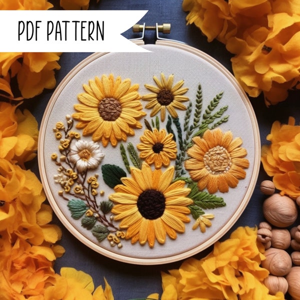 Sunflowers Embroidery Pattern, Sunflower Embroidery Pattern, Embroidery Pattern PDF, Embroidery Pattern, Floral Embroidery, DIY Embroidery