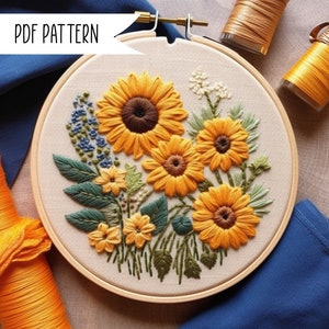 Może przedstawiać: Haftowany obraz w obręczy przedstawiający bukiet słoneczników, żółtych dzikich kwiatów i zielonych liści. Obręcz jest wykonana z drewna i ma beżowe tło z tkaniny.