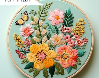 May include: A close-up of a finished embroidery hoop with a floral design. The hoop is on a light blue background. The embroidery features a variety of flowers in shades of pink, yellow, and orange, as well as green leaves. A small butterfly is embroidered in the upper left corner.