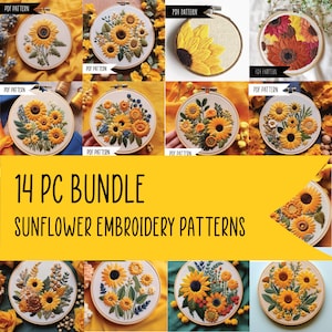 14 pc Sunflower hand embroidery bundle, hand embroidery patterns, Embroidery Pattern Pdf , Embroidery Template, Floral Embroidery,