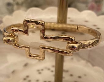 Gold Tone Hammered Open Cross Bangle Bracelet