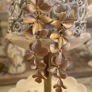 Matte Gold Dogwood Botanical Cascading Orchid Flower Earrings