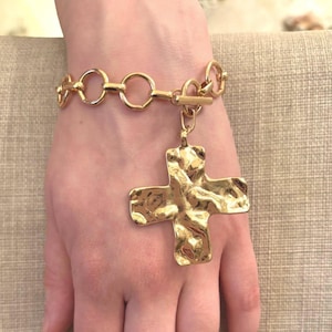 Oversized Hammered Gold Cross Bracelet Toggle Chunky Chain