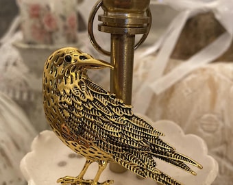 Whimsical Golden Crow Raven Bird Brooch Pin