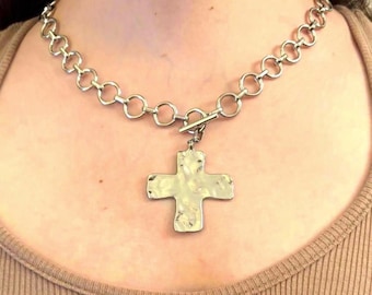 Oversized Silver Hammered Cross Necklace Toggle Chunky Chain