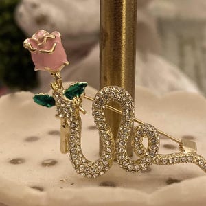 Rhinestone Snake Pink Rose Pin Brooch