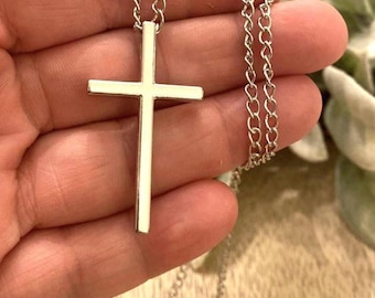 Silver Titanium Steel Cross Pendent Necklace