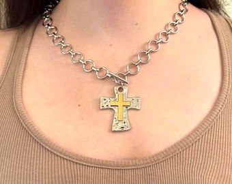 Oversized Hammered Cross Necklace Silver Gold Toggle Chunky Chain