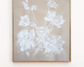 Original, papier brun, floral blanc, floral abstrait, 11 x 14, imprimé floral, peinture originale, peinture blanche, imprimé floral, décoration rustique