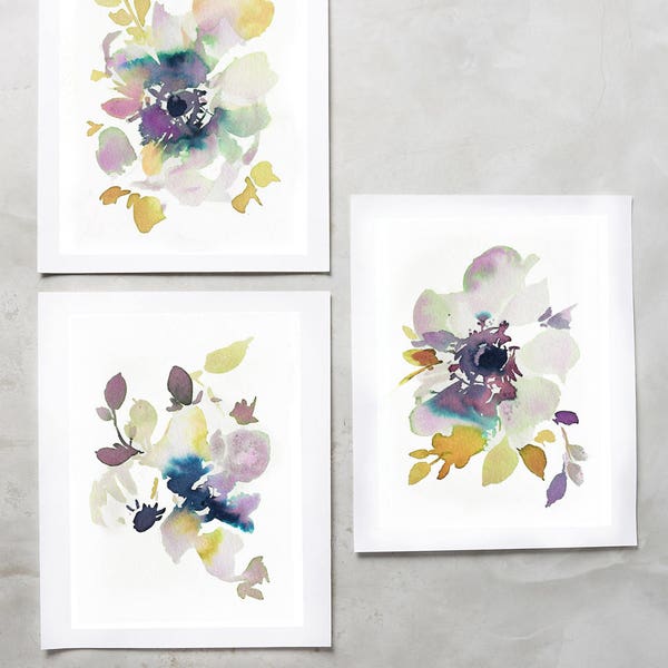 Original, Set 3, Aquarell Pfingstrose, rosa Rosenmalerei, Pfingstrose Kunst, Pfingstrose Aquarell, abstrakte florale Malerei, florale Kunst, Wandkunst