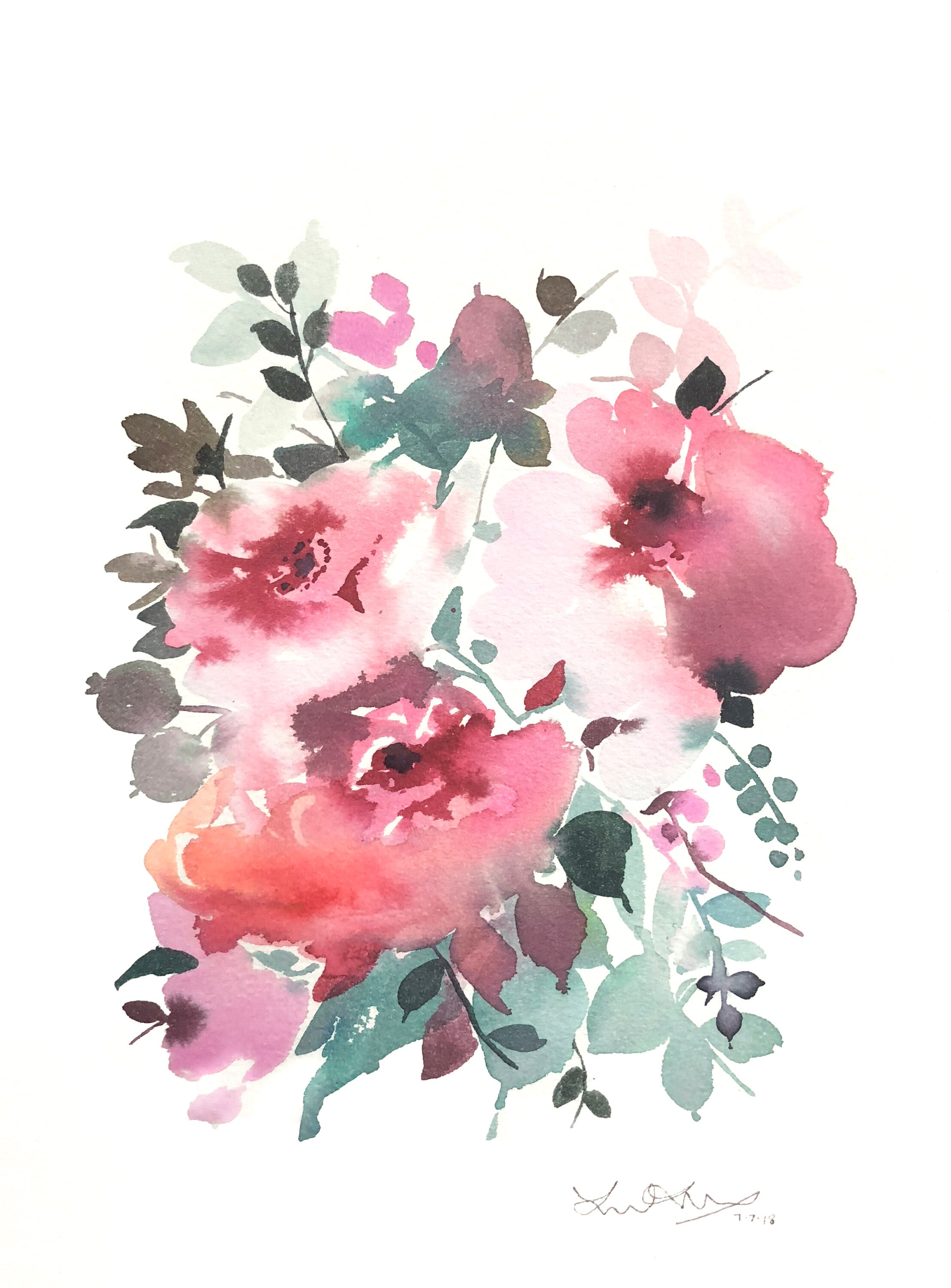 Floral painting, pink and salt, abstract floral painting, floral