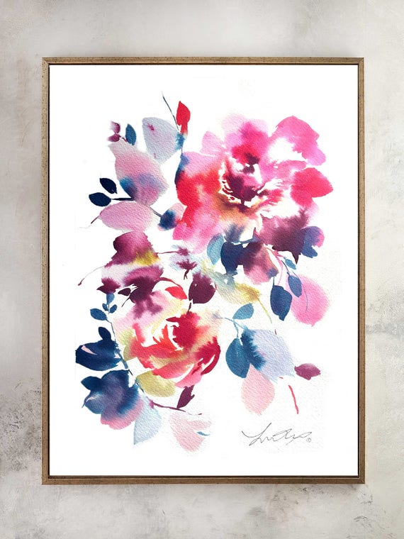 Gift for girlfriend, original painting, pink, blue, peony art, Valentines gift, peony watercolor, abstract floral painting, floral pint, flo