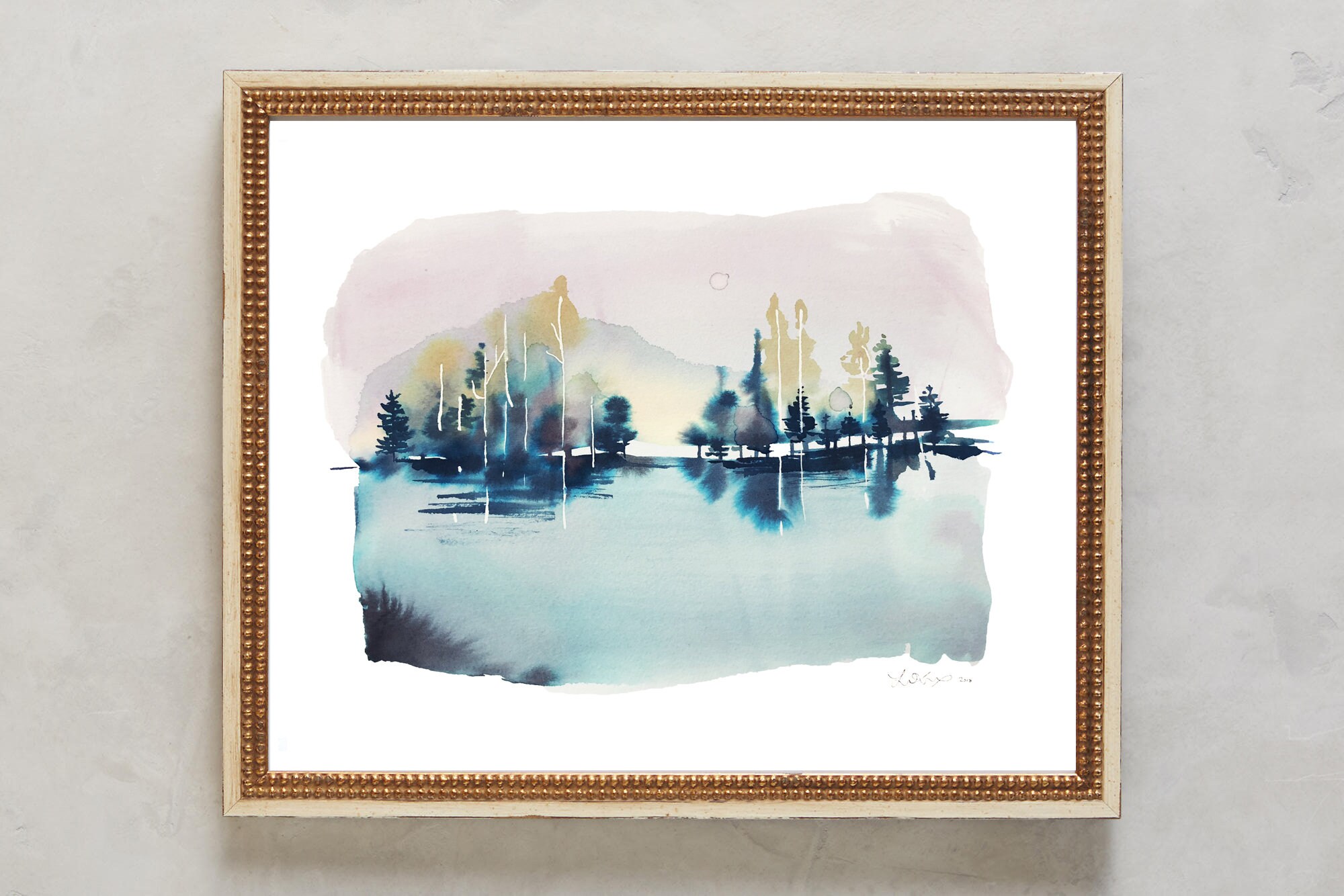 Maine painting, lake landscape, New England watercolor, lake painting ...