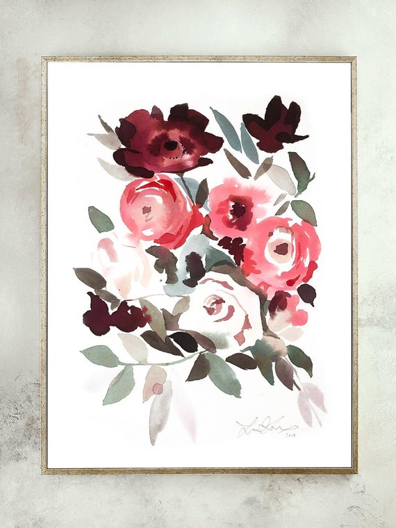 Original, flower bouquet painting, abstract florals, watercolor floral painting, 8x10 floral painting, pink and red florals, Mother day