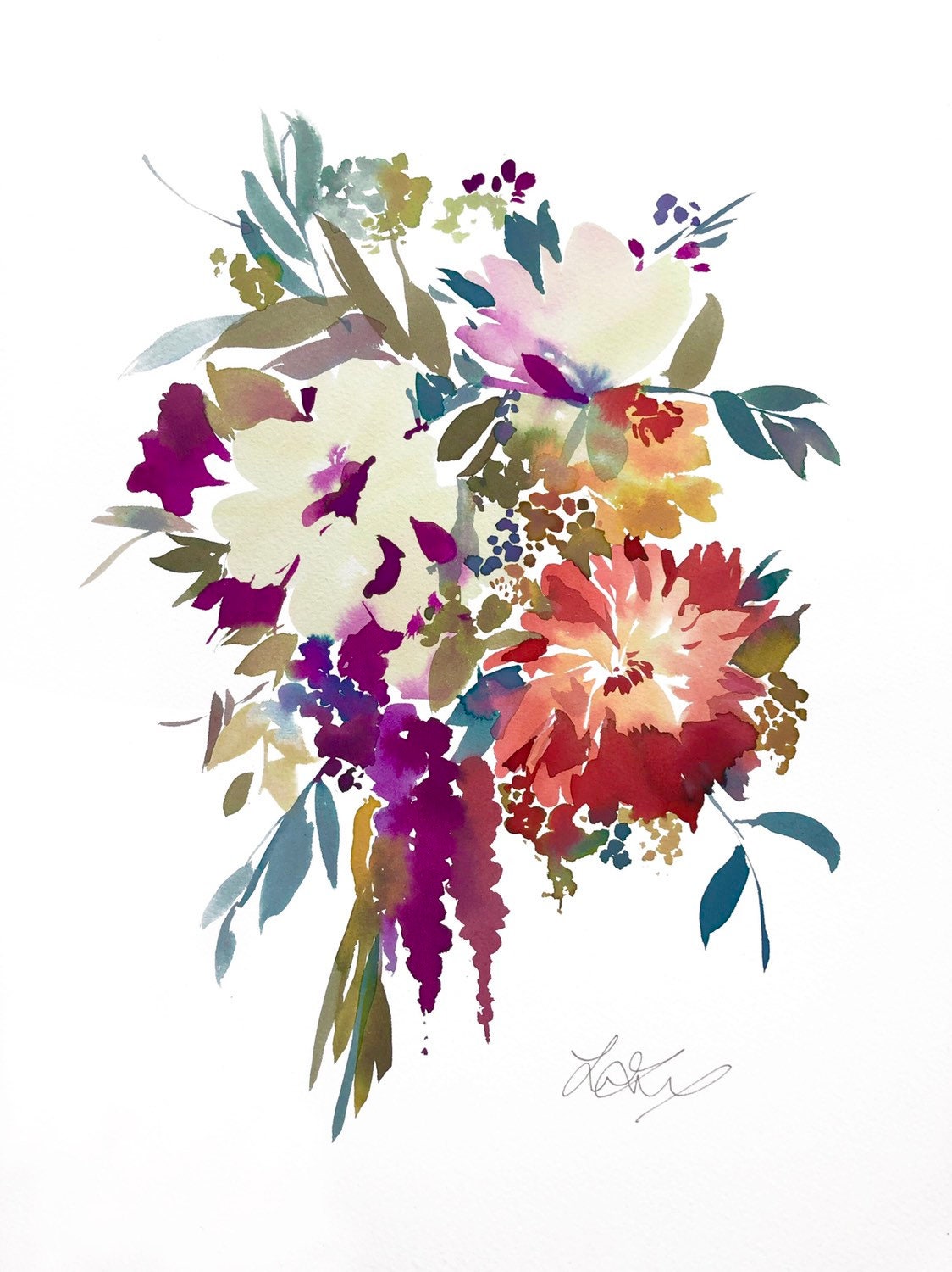Original, flower bouquet painting, abstract florals, watercolor floral