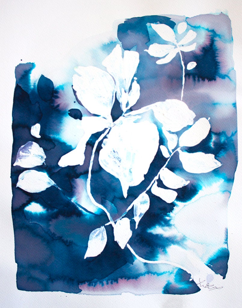 Original, Indigo painting, indigo dye, indigo floral, 11x14, Watercolor
