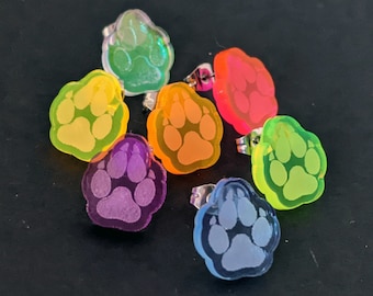 Paw Print Stud Earrings || rainbow, iridescent, UV-reactive || laser-cut acrylic