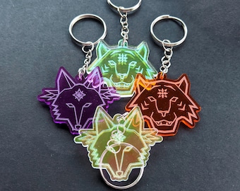 Geometric Wolf or Tiger Keychain, Charm, or Necklace || Iridescent color-changing, purple, or orange || laser-cut acrylic