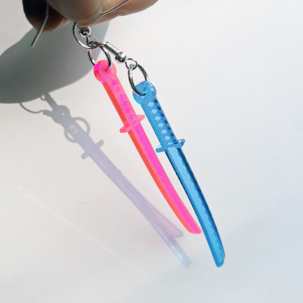 Cyberpunk Katana Earrings || pink and blue Japanese swords || laser-cut acrylic