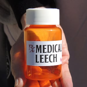 Puede incluir: Una botella de plástico naranja transparente con una tapa blanca y una etiqueta que dice "Rx MEDICAL LEECH".