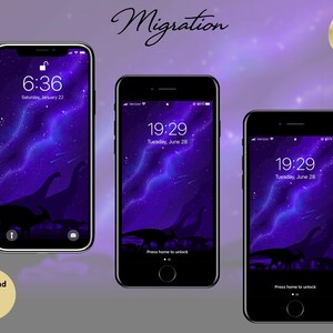 May include: Three black smartphones displaying a purple galaxy wallpaper with dinosaur silhouettes. The screens show the time and date. The image includes the text "Migration", "3 Phone Wallpapers", "Download Now", "4K Ultra HD", and "1080p Full HD".