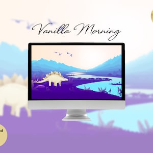 以下が含まれることがあります： 紫色の風景に白い恐竜と青い川が描かれたデジタルイラスト。画像は「Vanilla Morning」というテキストが書かれたコンピューターモニターに表示されています。画像の右上隅には金色の枠の中に「4K ULTRA HD」というテキストがあります。