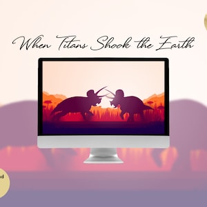 以下が含まれることがあります： 夕焼けの風景の中で、互いに向き合う2体の恐竜を描いたデジタルイラスト。画像の上には「When Titans Shook the Earth」というテキストが表示されています。画像の右上には「4K ULTRA HD」というテキストが表示されています。