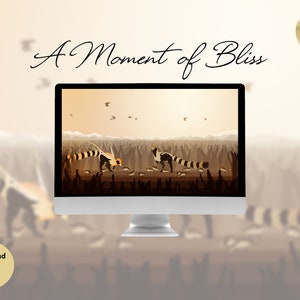 以下が含まれることがあります： 茶色の草地を歩く2匹の縞模様の動物のデジタルイラスト。画像は「A Moment of Bliss」というタイトルで、4K Ultra HD デスクトップ/ラップトップの壁紙としてラベル付けされています。