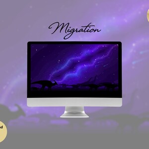 May include: A computer screen displaying a purple night sky with stars and a streak of light. The text "Migration" is displayed at the top of the screen. The screen is labeled "1 Desktop/Laptop Wallpaper" and "4K ULTRA HD".