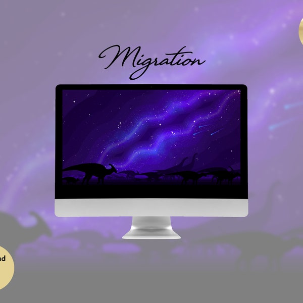 Migrate Milky Way | 1 Desktop Dinosaur Wallpaper | Background | PC, Laptop, Computer | Nature, Purple, Cretaceous, Minimalist, Vector, Stars