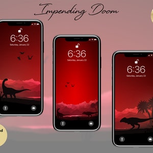 May include: Three phone wallpapers with a red gradient background. The first wallpaper features a silhouette of a dinosaur in a red landscape. The second wallpaper features a silhouette of a dinosaur in a red landscape. The third wallpaper features a silhouette of a dinosaur in a red landscape with palm trees.