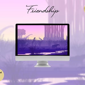 以下が含まれることがあります： 紫とピンクの色合いで、恐竜、木、水のある先史時代の風景のデジタルイラストが、コンピューターの画面に表示されています。「Friendship」という文字が画面の上に書かれています。「Download Now」と書かれたボタンがあります。