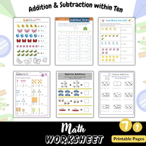 71 Preschool Math Worksheets – Addition & Subtraction Within 10, Ten Frame, Number Line, Counting, Subitizing, Early Number Sense Practice