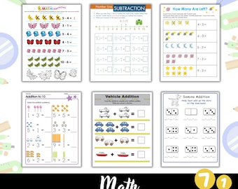 Preschool Math Worksheets: Addition, Subtraction, Counting (Digital Download)