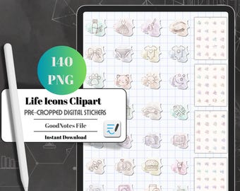 140 pegatinas digitales precortadas: Íconos de la vida cotidiana para GoodNotes (Descarga digital)
