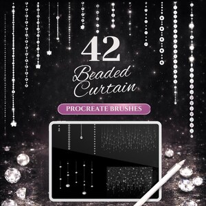 May include: Digital design with a black backdrop, showcasing sparkling white beaded curtain effects. The image includes the text "42 Beaded Curtain" and "Procreate Brushes", a tablet displaying design examples, and a stylus.