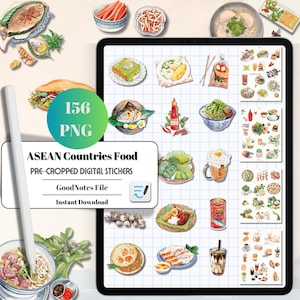 Könnte beinhalten: Ein digitales Sticker-Set mit 156 vorgefertigten Bildern verschiedener südostasiatischer Gerichte. Die Sticker sind im Aquarell-Stil illustriert und beinhalten Gerichte wie Nudeln, Reis und Meeresfrüchte. Das Set ist mit "ASEAN Countries Food" und "GoodNotes File" beschriftet.