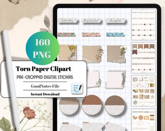 Torn Paper Digital Stickers, Vintage Scrapbook Clipart (GoodNotes File)