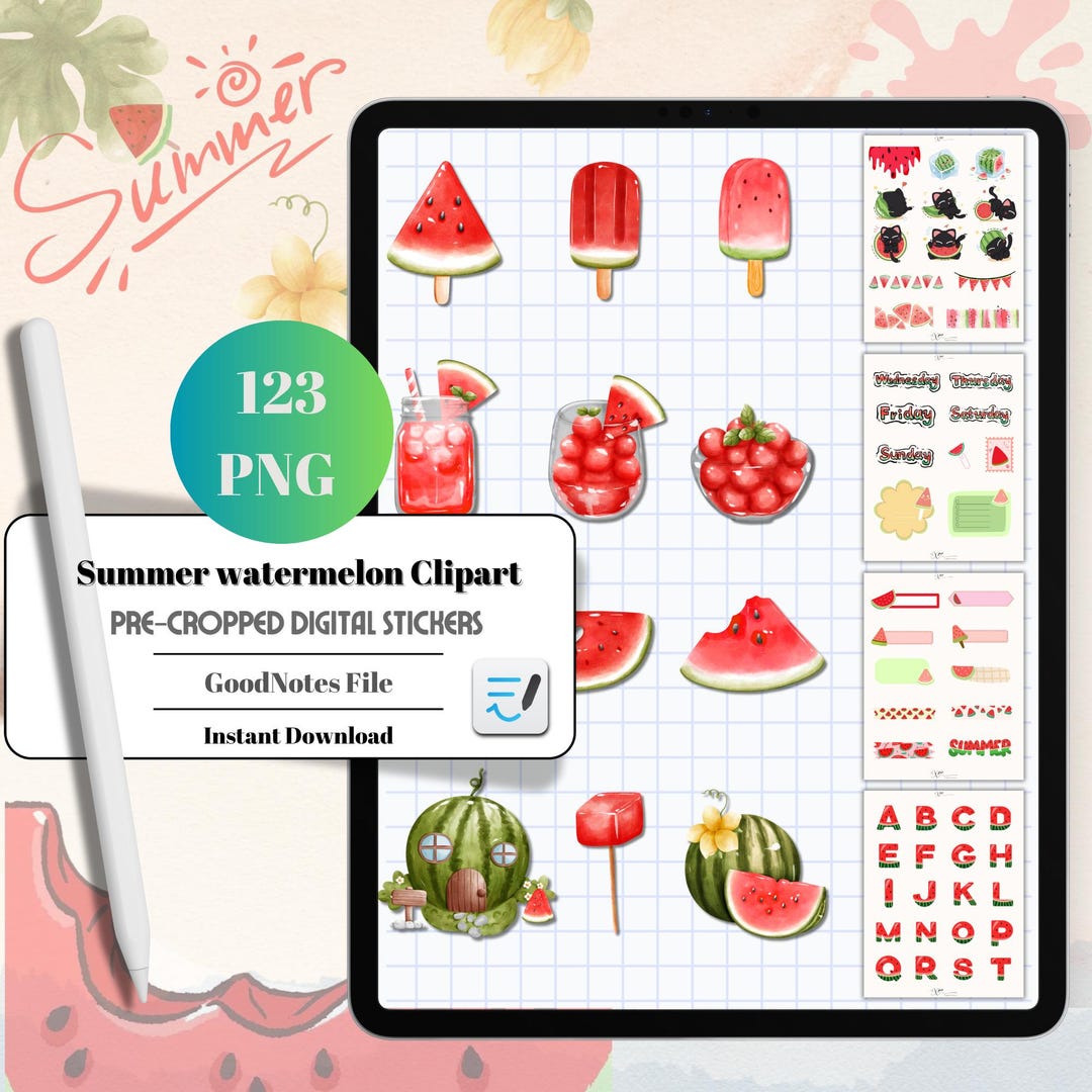 Pre-cropped Summer Watermelon Digital Stickers, Goodnotes, Cute Memo ...