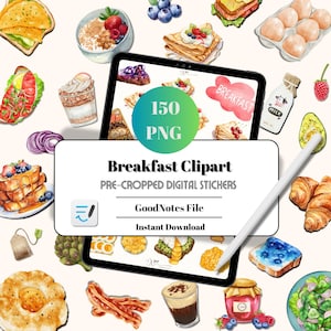 Può includere: Un set di 150 adesivi digitali pre-tagliati a tema colazione per GoodNotes. L'immagine mostra una varietà di cibi per la colazione, tra cui pancake, waffle, uova, pancetta, caffè e frutta. Il testo "Breakfast Clipart" e "150 PNG" è visibile nell'immagine.