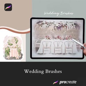 Op de afbeelding: Een iPad toont een bruiloftscène met een tafelsetting, bloemstukken en stoelen. De woorden "Wedding Brushes" staan boven de afbeelding. Het Procreate-logo staat rechtsonder.