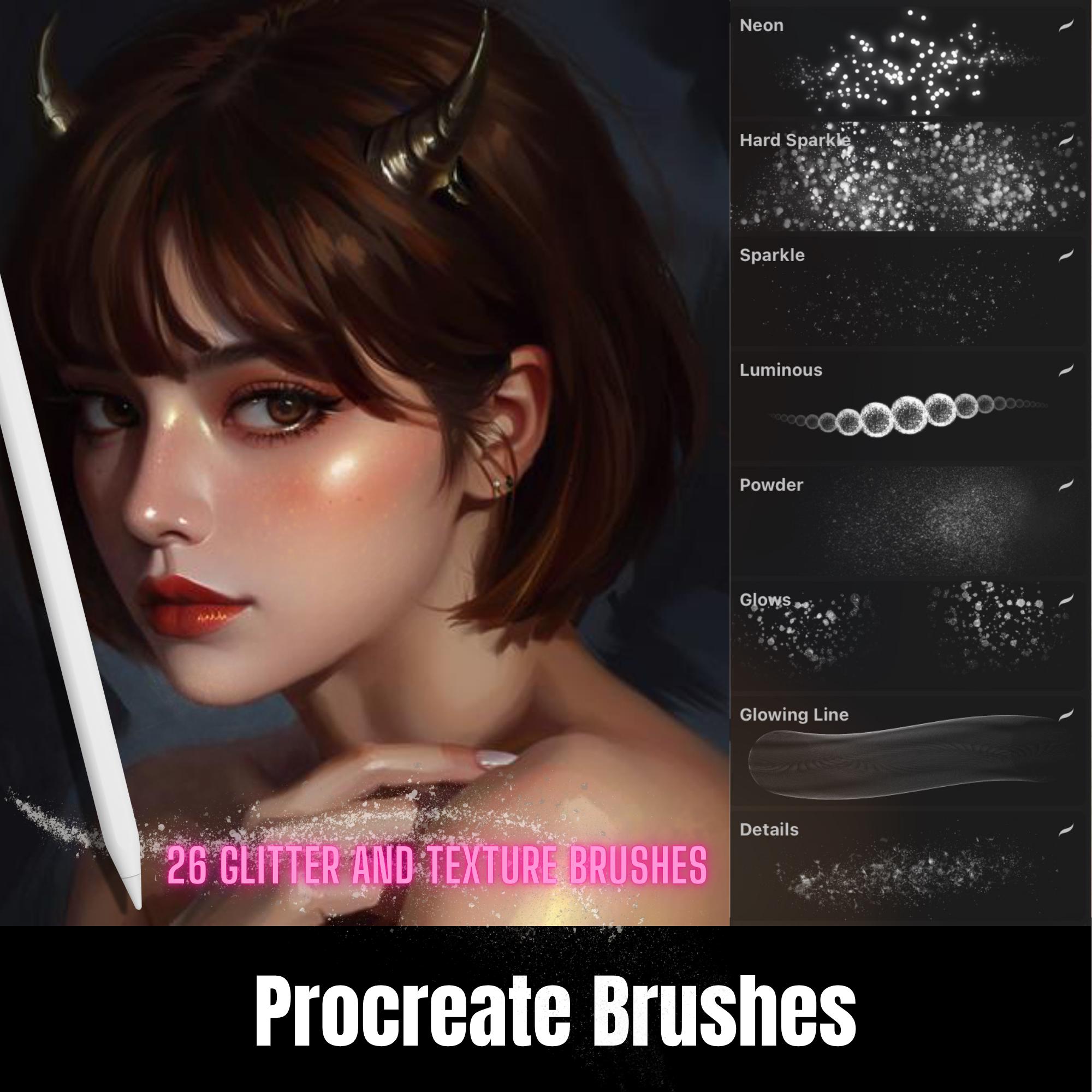 26 pinceles de Procreate con glitter y textura para highlights de piel, glow, sparkle y efectos shimmer