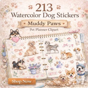 Pegatinas de acuarela para perros: Clipart de Muddy Paws Pet Planner (213 pegatinas) (Descarga digital)