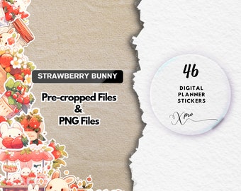 Strawberry Bunny Digital Stickers: Kawaii Planner GoodNotes PNG (Digital Download)